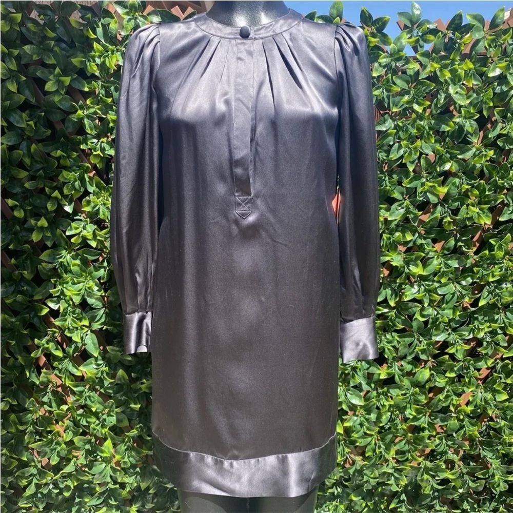 ALI RO 100% Silk Charcoal Gray Long Sleeve Popover Shirt Mini Dress 12 L